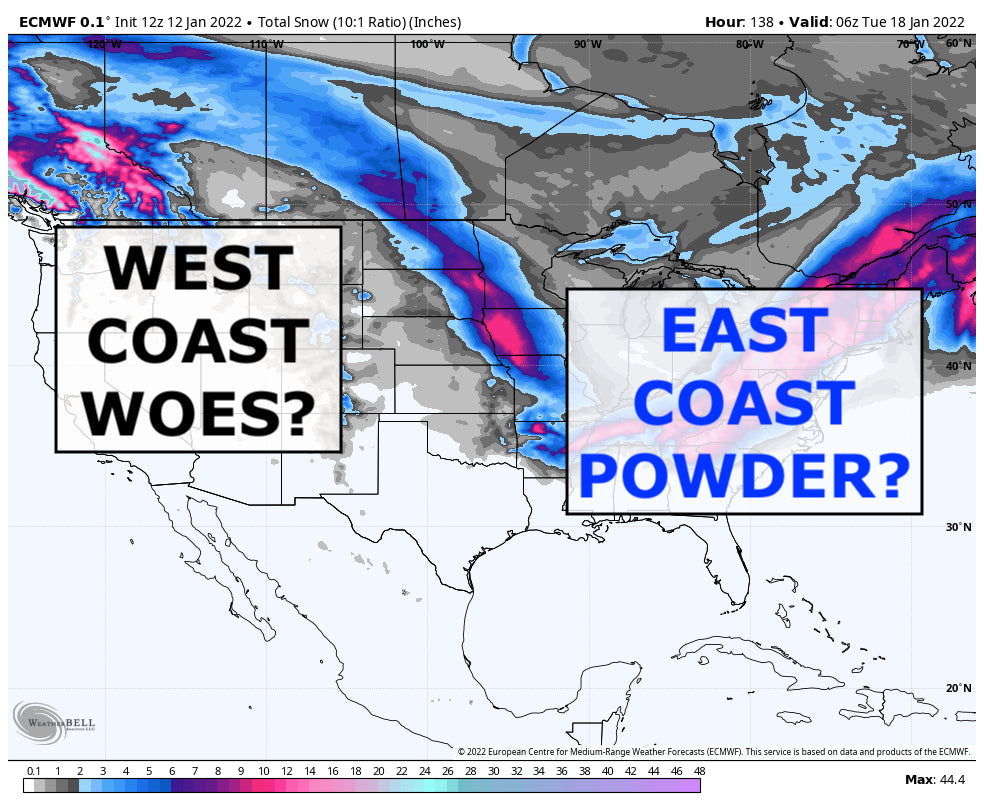 West Coast Settles Into Dry Times as East Coast Braces For Widespread Powder
