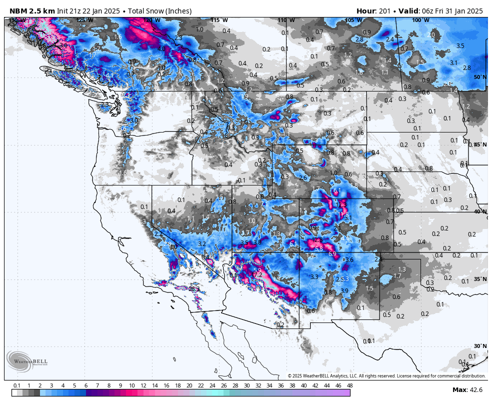 Weekend Storm moving east to West from the Rockies to the Sierra. Late January-Early February Could be Deep.