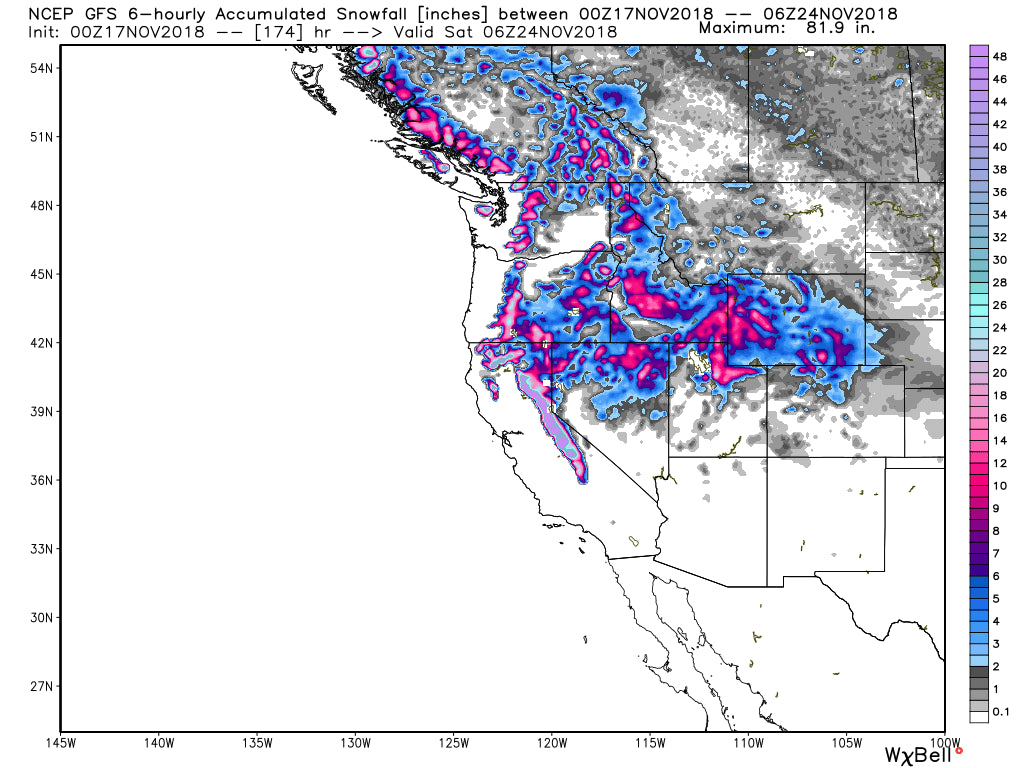 THE SIERRA MAY NAB 2 FEET OR MORE IN THE NEXT 7 DAYS!  FINALLY A BROAD TROUGH BRINGS POW TO MANY AREAS THAT HAVE BEEN DRY
