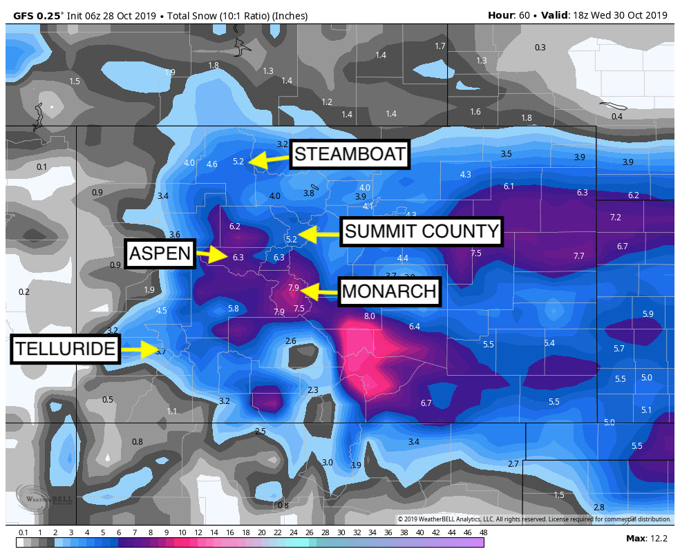 STORM #2 IS ON THE TRAIN FOR THE ROCKIES THIS WEEK WITH ANOTHER ROUND OF 5-10 INCHES OR MORE FOR MANY SKI AREAS