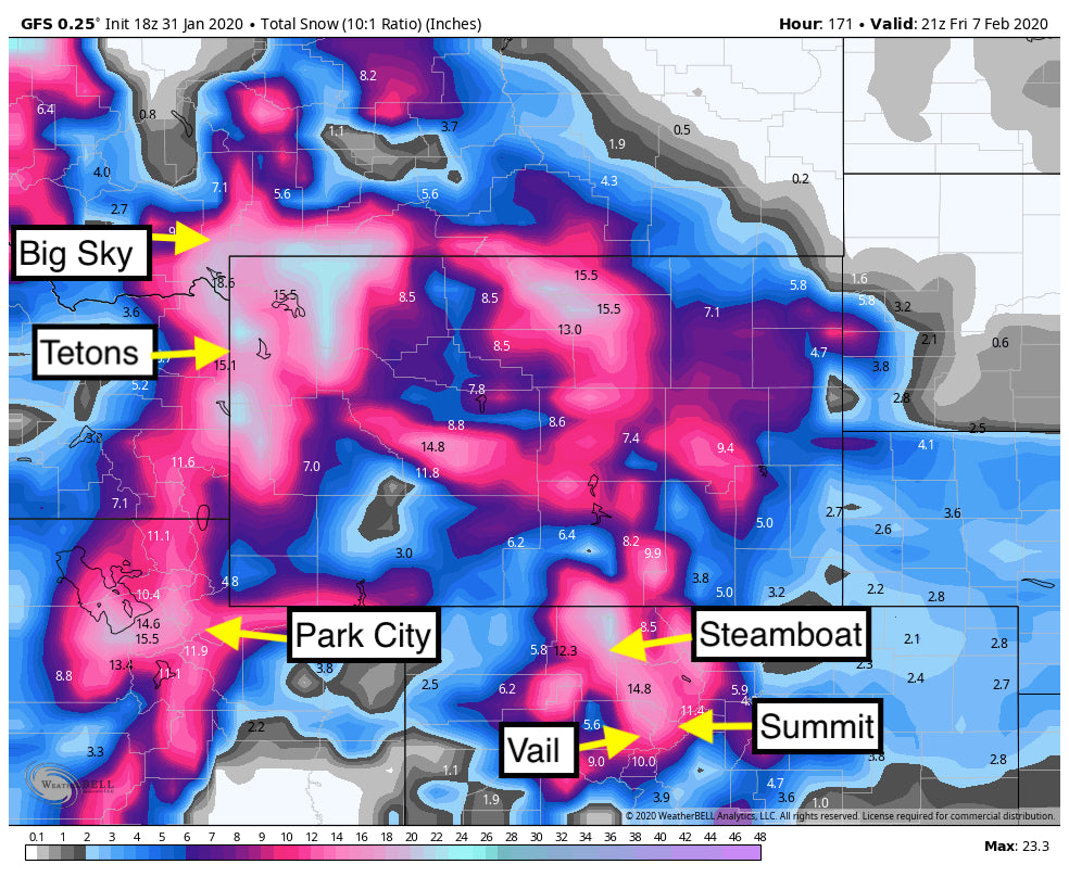 POWDER ALERT!  2-3 FEET FOR THE ROCKIES INCLUDING WYOMING, MONTANA, UTAH COLORADO AND IDAHO.  1 STORM EARLY NEXT WEEK WITH ANOTHER MID TO LATE WEEK.