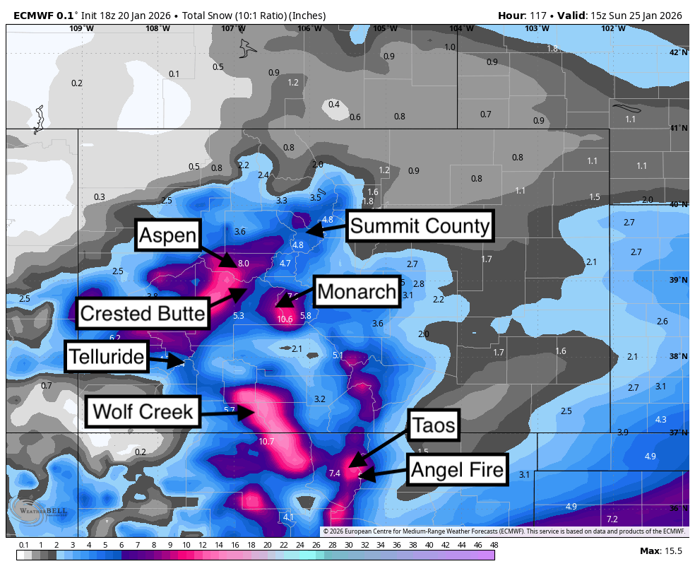 Powder Alert! CO/NM Mountains- Baja Moisture Tapping Cold Air Spreading east-TX, OK, TN