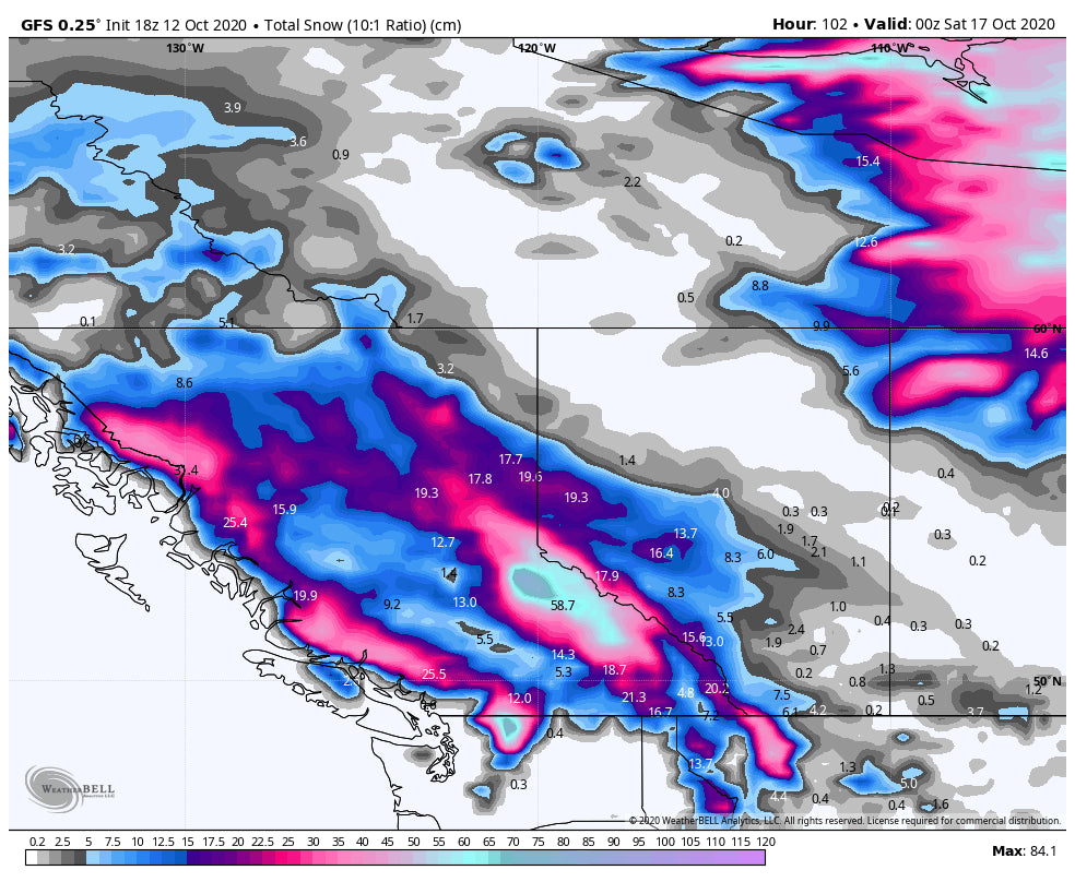 Heavy Snowfall expected for BC and isolated areas of northern Washington. Up to 2 feet possible for some areas of interior Canada by Friday.