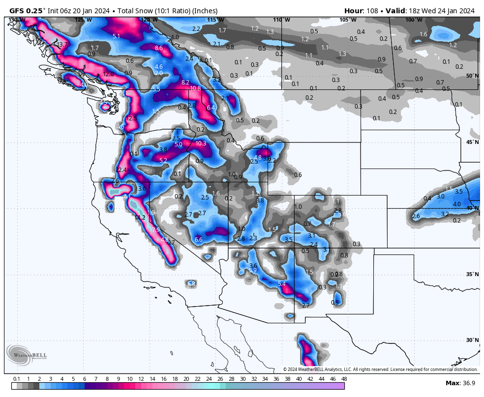 7 Day Powder Forecast- 2 moderate Sierra Storms-Scraps elsewhere with the PNW staying wet.